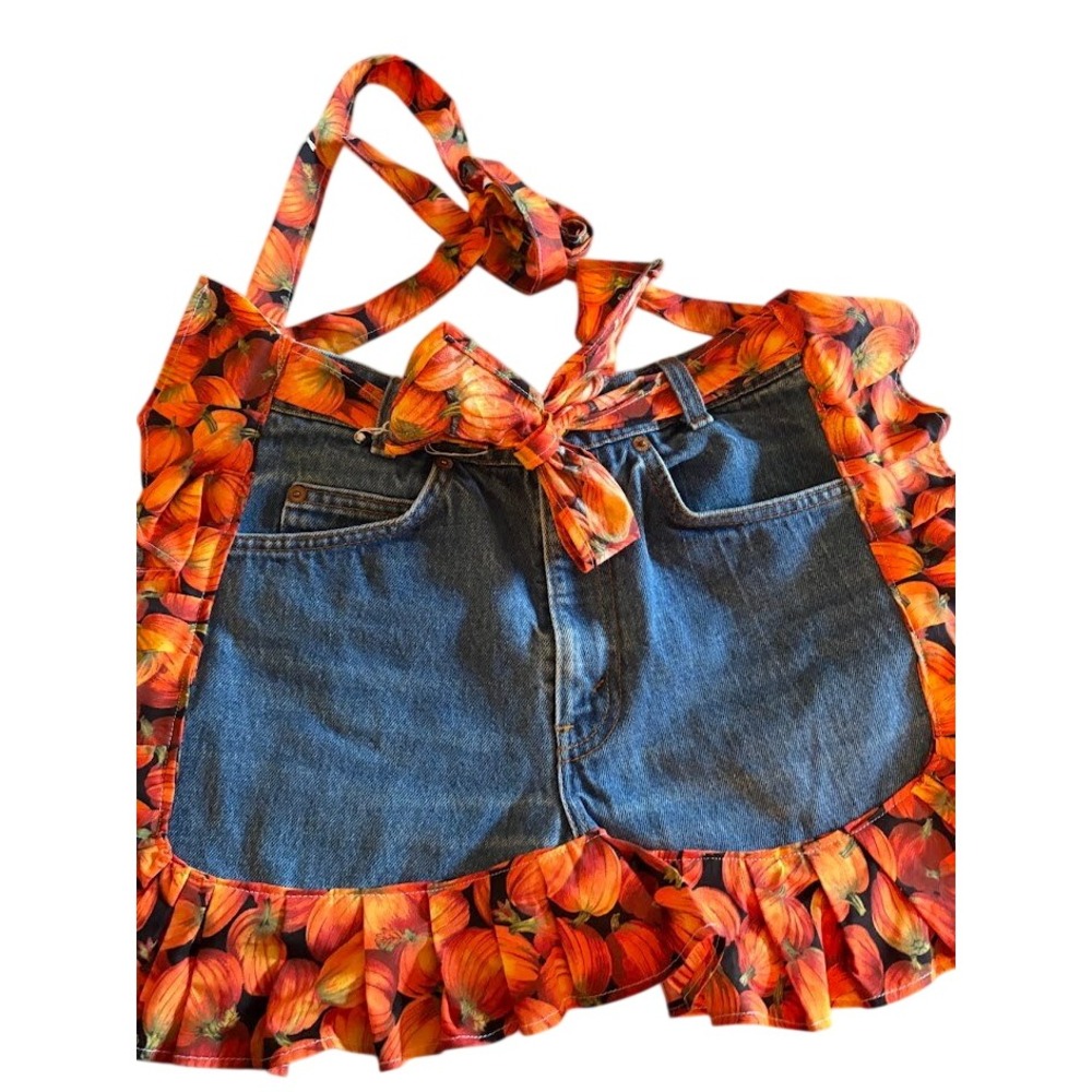 Handmade Pumpkin Cottagecore Apron Upcycled Denim Ruffle Fall Orange One Size